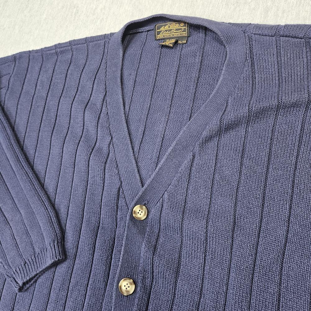 Vintage Eddie Bauer Sweater Mens XL Blue Cotton Cardigan V-Neck Pockets Button